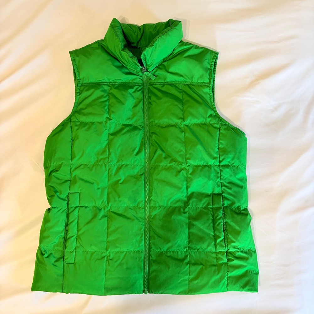 Lands End Womens Green Down Puffer Vest Quilted Full Zip Size L 14-16 Winte
